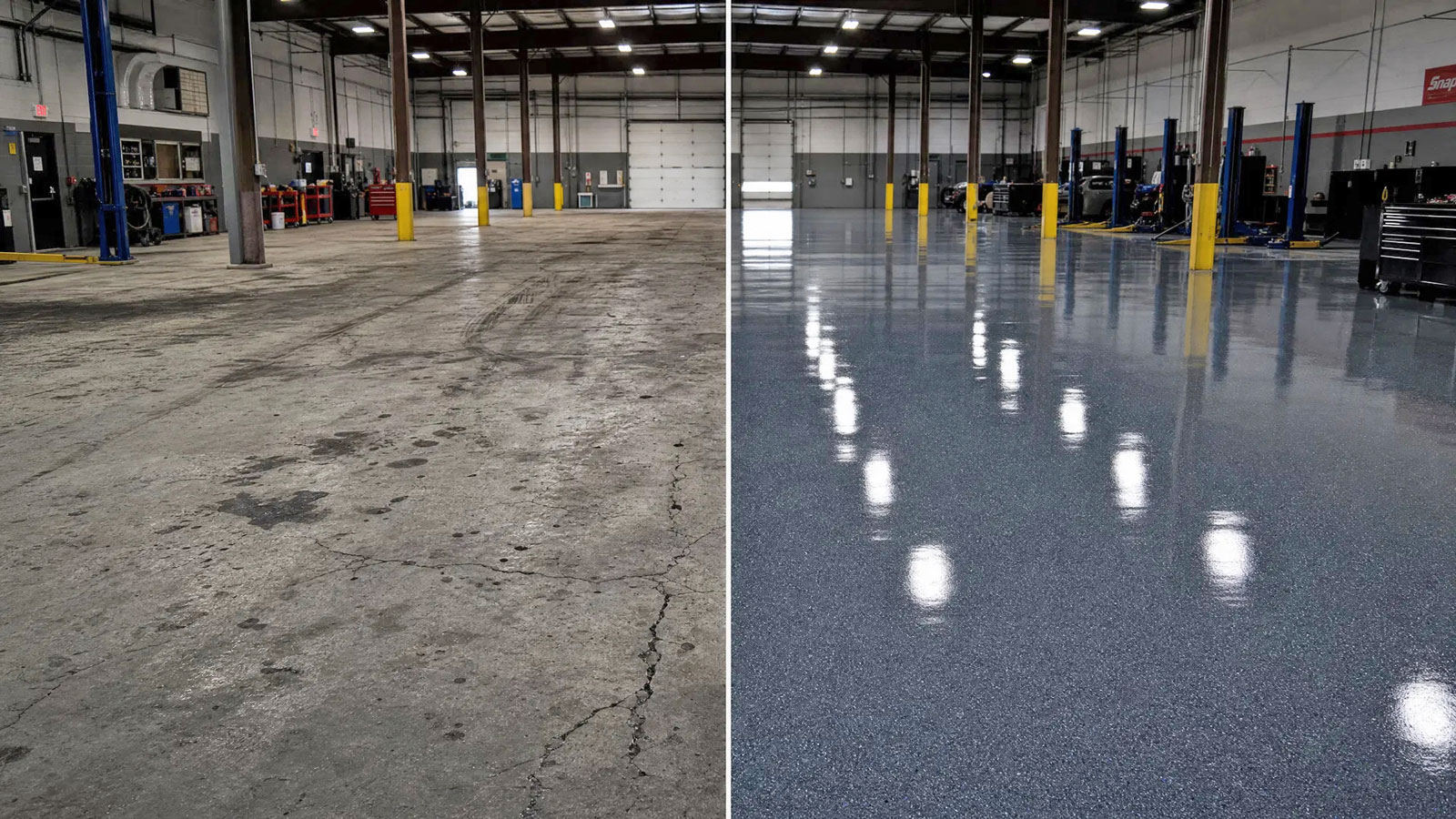 Commercial floor coating before and after — auto shop serving the Columbia Midlands